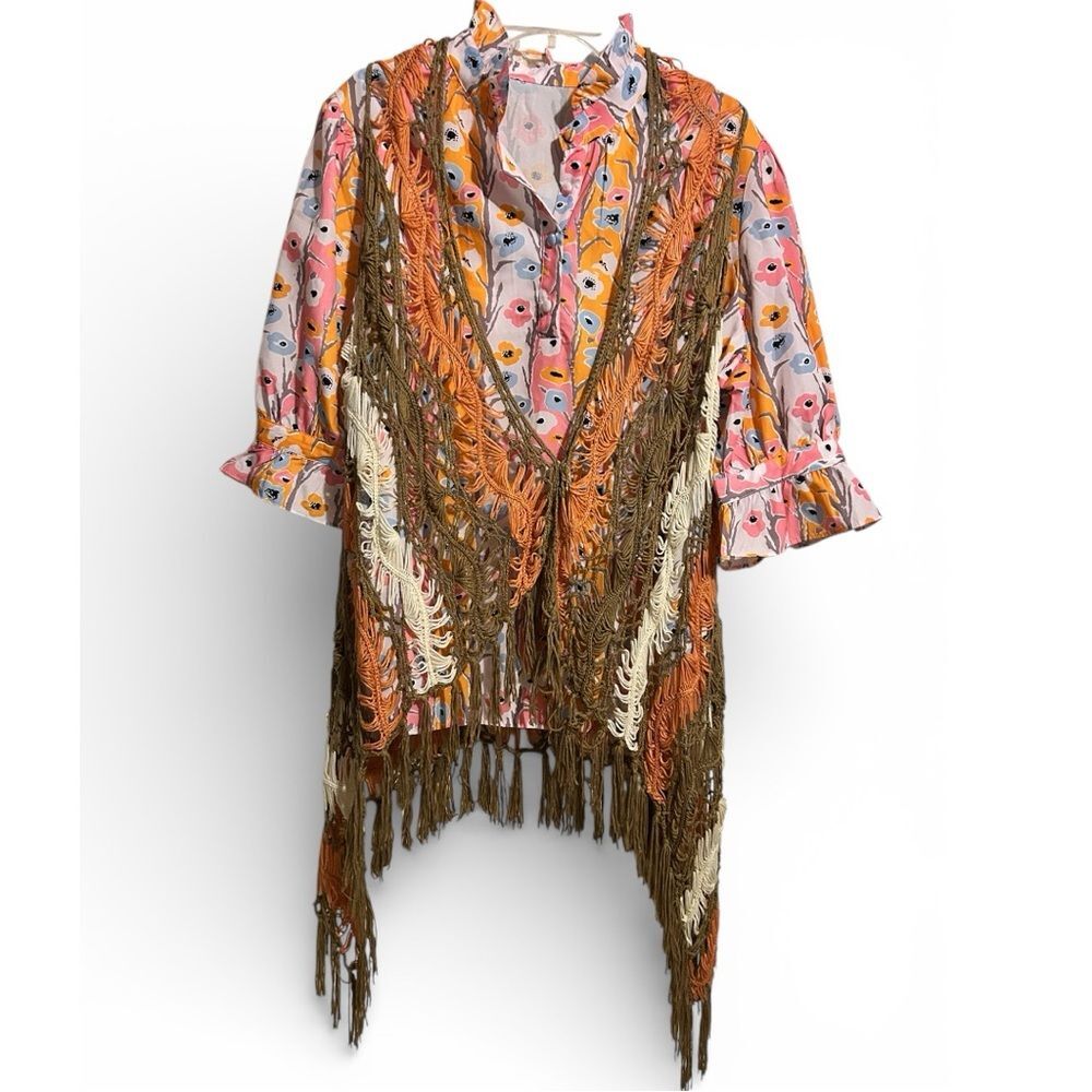 Crochet SAY WHAT Boho Fringe Vest Floral Blouse 2X Festival Western Layered